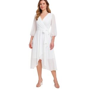 DKNY Women's Belted MIDI Wrap Dress White Size 8 Textured Spots Chiffon